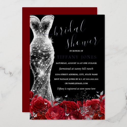 Shimmer Dress Red Silver Black Rose Bridal Shower  Foil Invitation