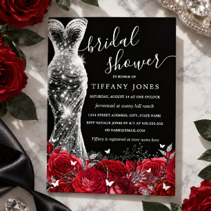 Shimmer Dress Red Silver Black Rose Bridal Shower Foil Invitation