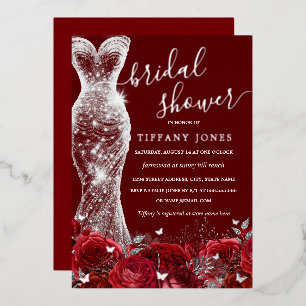 Shimmer Dress Red Silver Rose Bridal Shower Foil Invitation