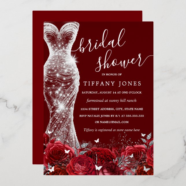 Shimmer Dress Red Silver Rose Bridal Shower  Foil Invitation (Front/Back)