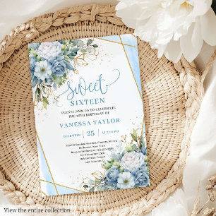 Shimmer Dusty Blue White Peonies Sweet 16 Invites