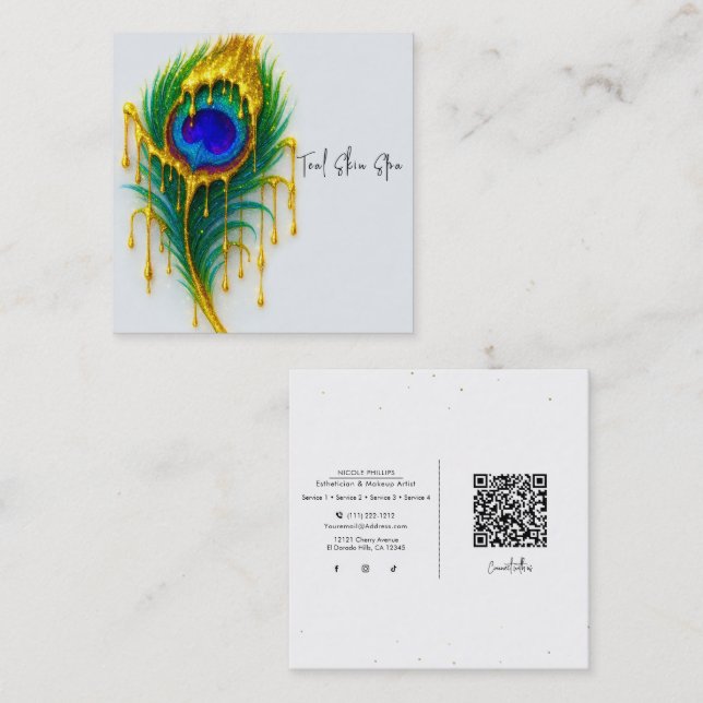 Shimmer Gold Drip Beauty Glam Peacock Feather Square Business Card (Front/Back)