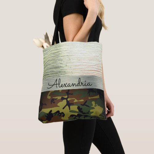 Shimmer Green and Brown Camo Personaized Tote Bag