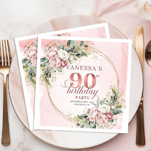 Shimmer Rose Gold Blush Floral 90th Birthday Party Napkins