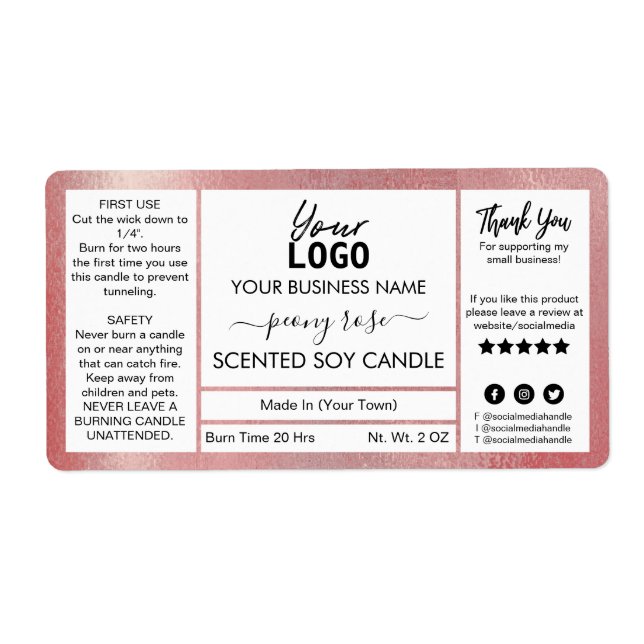 Shimmer Rose Gold Ink Peony Scented Soy Candle Label (Front)