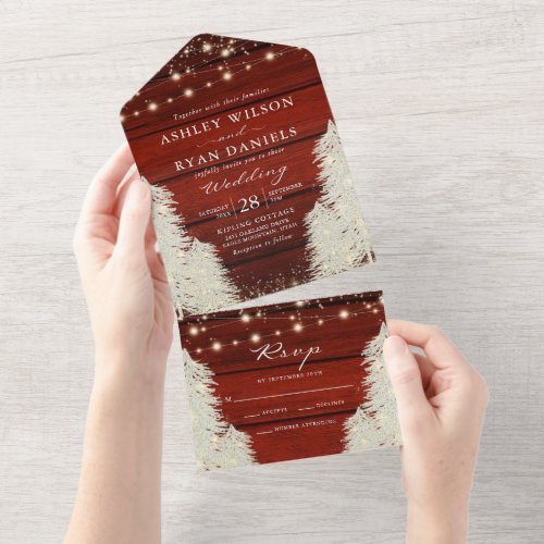 Shimmer Rustic Wood String Lights Tree Wedding All In One Invitation
