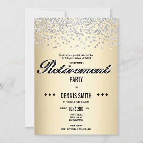 Shimmer  Silver Glitter Confetti Retirement Party Invitation