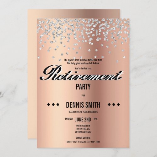 Shimmer  Silver Glitter Confetti Retirement Party Invitation