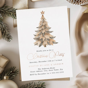 Shimmer Star Beige Tree Christmas Party Foil Invitation