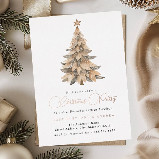 Shimmer Star Beige Tree Christmas Party  Foil Invitation (Creator Uploaded)