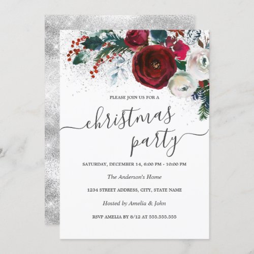 Shimmer White Silver Red Floral Christmas Party  Invitation