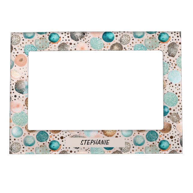 Shimmering Abstract Dot Pattern in Turquoise, Pink Magnetic Frame (Front)