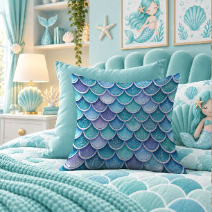 Shimmering Aqua Mermaid Scales Glam Throw Pillow