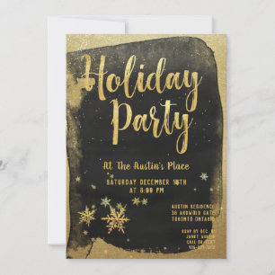 Shimmering Black Gold Calligraphy Holiday Party Invitation
