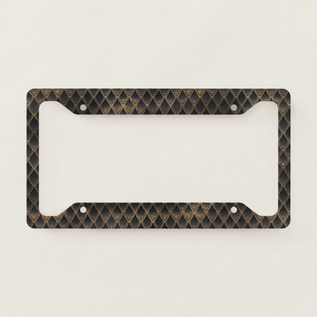 Shimmering Black & Gold Glitter Dragon Scales License Plate Frame (Front)