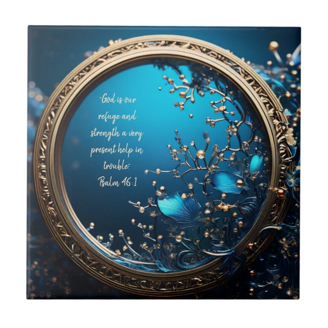 Shimmering Blue and Gold Frame Bible Verses  Ceramic Tile (Front)