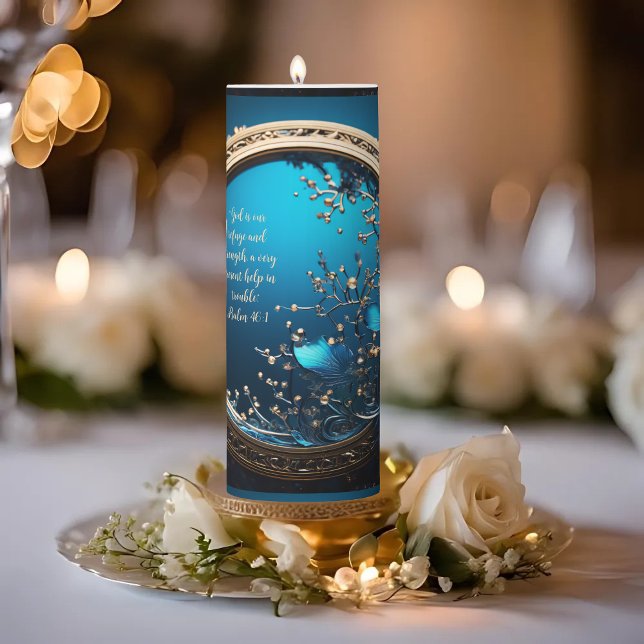 Shimmering Blue Gold Customizable Bible Verse Pillar Candle (Creator Uploaded)