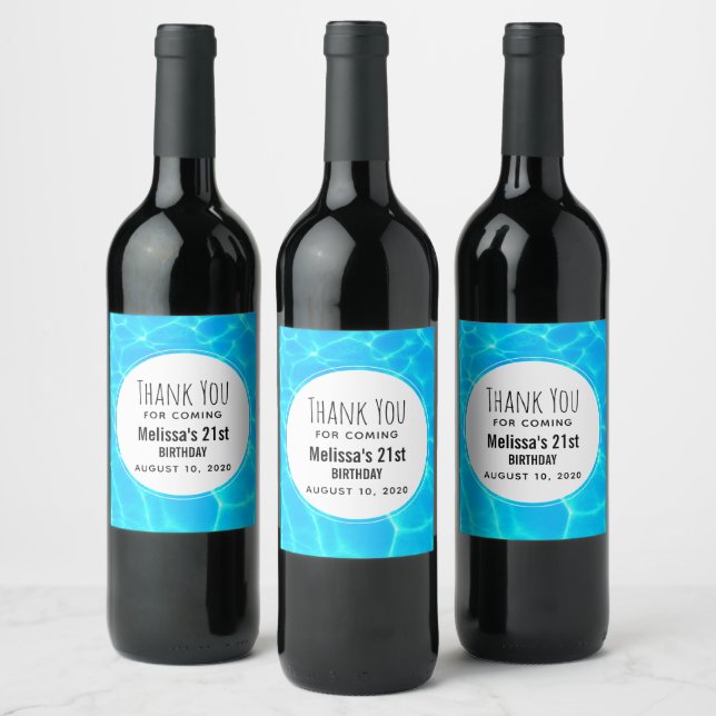 Shimmering Blue Pool Water Reflections Birthday Wine Label (Bottles)