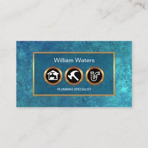 Shimmering Blue Water Leak Gold Plumber Icons Business Card