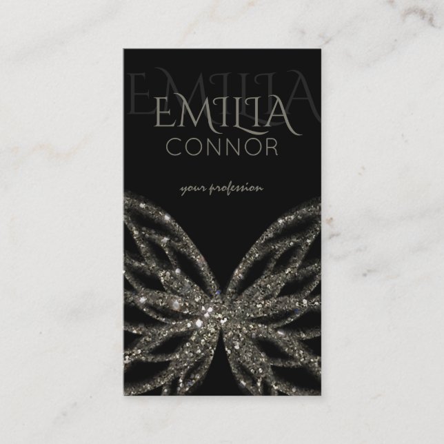 Shimmering Butterfly Modern Black Business Card (Front)