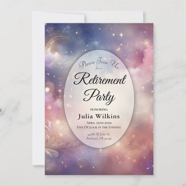 Shimmering Celestial Stardust Skies Retirement  Invitation (Front)