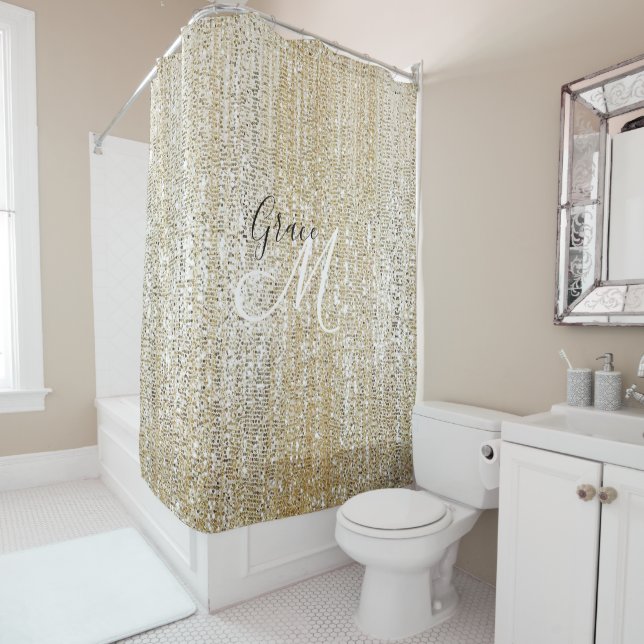 Shimmering Champagne Sparkling Modern Monogram Shower Curtain (In Situ)