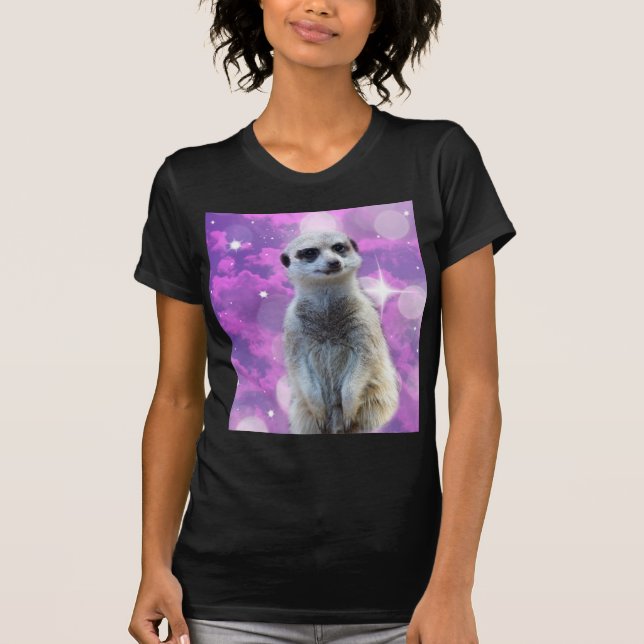 Shimmering Charm: Meerkat on Pink Bokeh Background T-Shirt (Front)