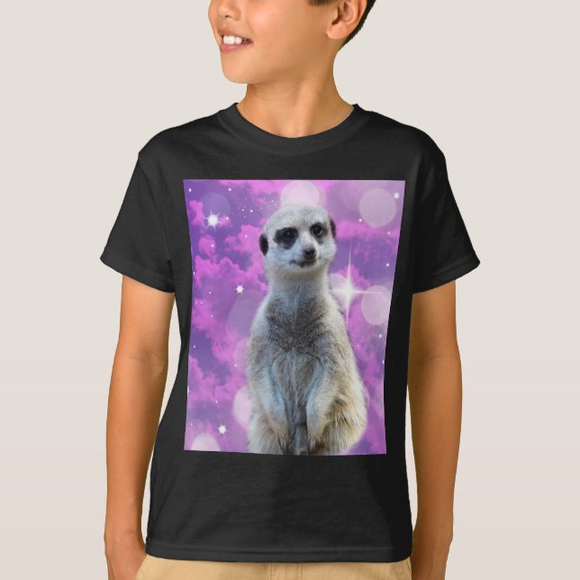 Shimmering Charm: Meerkat on Pink Bokeh Background T-Shirt (Front)