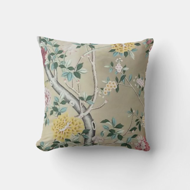 Shimmering Chinoiserie Floral on Gold Champagne  Throw Pillow (Front)