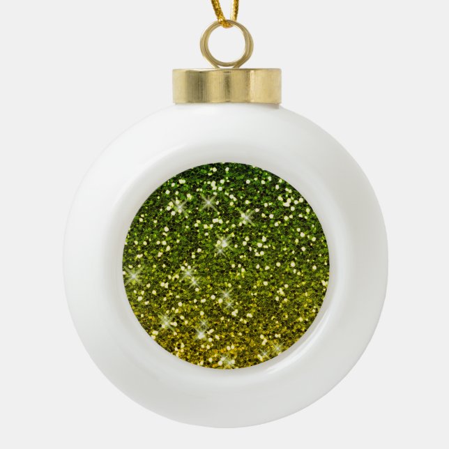 Shimmering Dark Green Gold Glitters Ceramic Ball Christmas Ornament (Front)