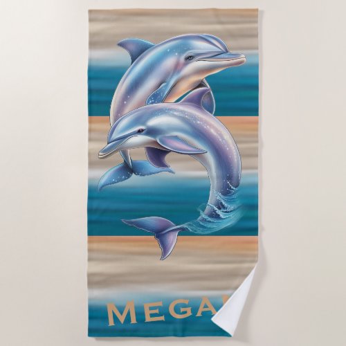Shimmering Dolphin Pair Ocean‑Striped Design Beach Towel