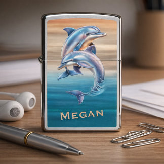 Shimmering Dolphin Pair Ocean‑Striped Design Zippo Lighter