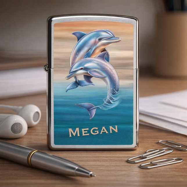 Shimmering Dolphin Pair Ocean‑Striped Design Zippo Lighter (Creator Uploaded)