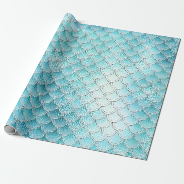 Shimmering Fish Scales on Aqua Wrapping Paper (Unrolled)