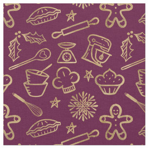 Shimmering Gold Burgundy Christmas Baking Pattern Fabric