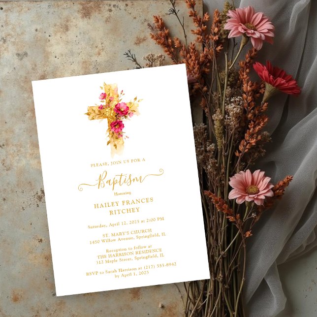 Shimmering Gold Cross Baptism Celebration Design Invitation (Shimmering Gold Glitter Floral Cross Christian Baptism Card Design. )