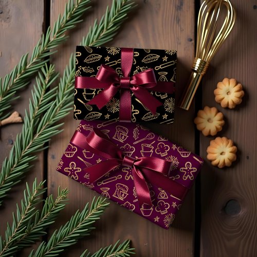 Shimmering Gold Festive Christmas Baking Pattern Wrapping Paper Sheets