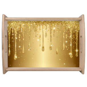 Shimmering Gold Glitter Drip Background Serving Tray