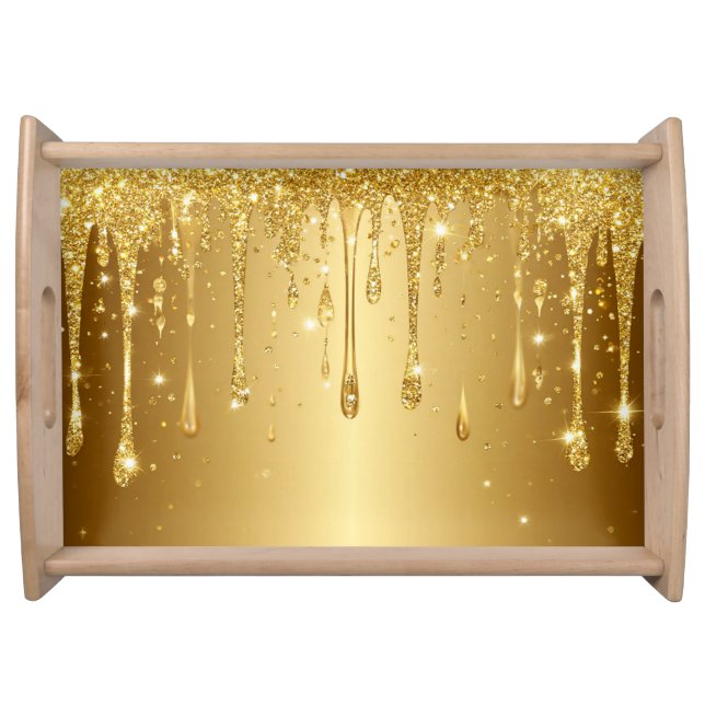 Shimmering Gold Glitter Drip Background Serving Tray (Front)