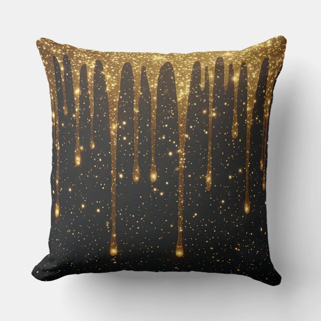 Shimmering Gold Glitter Drips Over Dark Background Throw Pillow (Front)