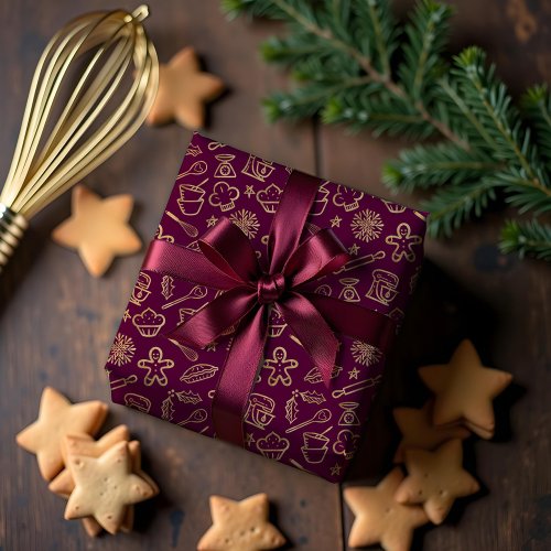 Shimmering Gold  Red Christmas Baking Pattern Wrapping Paper