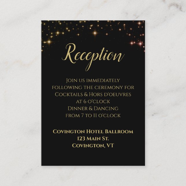 Shimmering Gold Sparkles Black Wedding Reception Enclosure Card (Front)