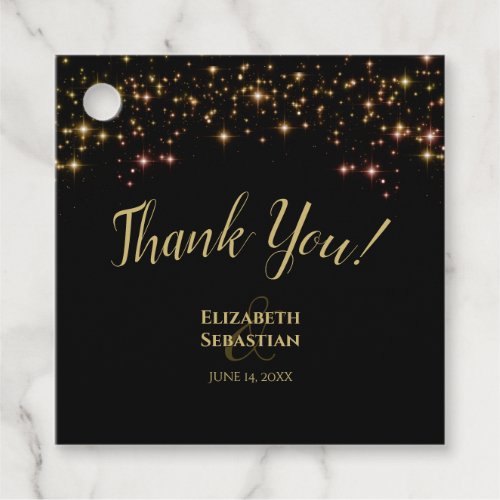 Shimmering Gold Stars on Black Wedding Thank You Favor Tags