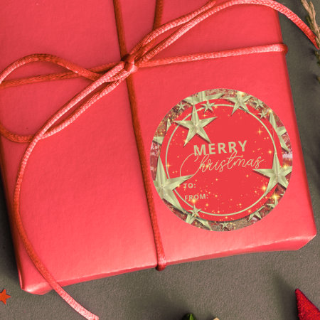 Shimmering Gold Stars on Red Glitter Christmas Sticker