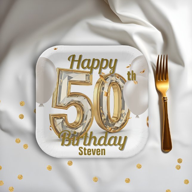 Shimmering Golden Luxurious Elegance 50th Birthday Paper Plates (Creator Uploaded)
