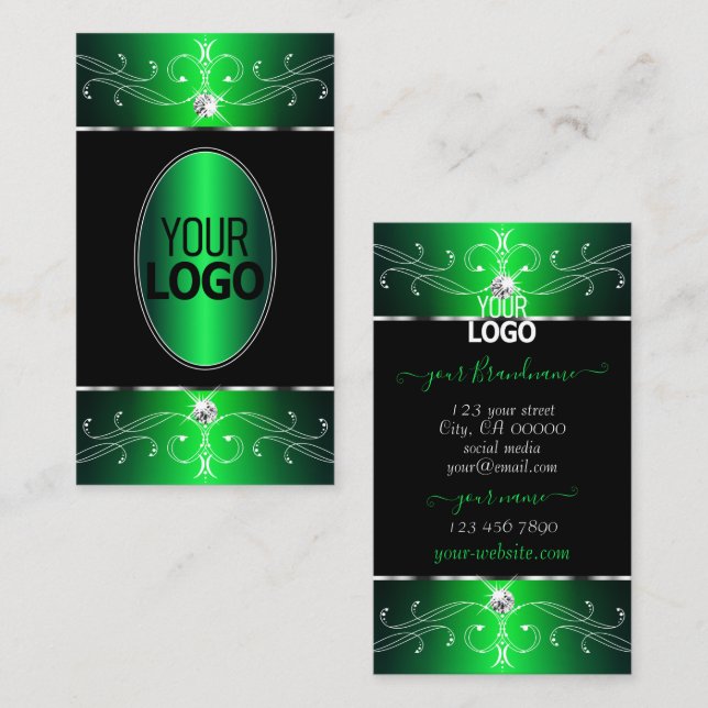 Shimmering Green Black Ornate Ornaments with Logo Business Card (Front/Back)