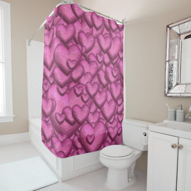 Shimmering hearts pink shower curtain (In Situ)