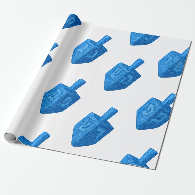 Shimmering Jay Blue Glitter Dreidel Hanukkah Wrapping Paper (Unrolled)