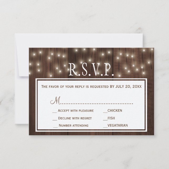 Shimmering lights rustic barn wood wedding rsvp (Front)