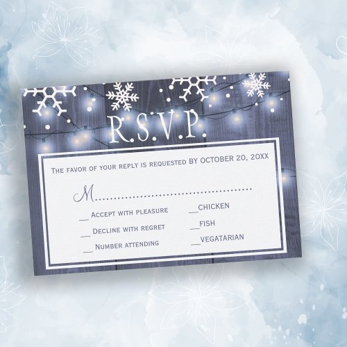 Shimmering lights winter barn wood wedding rsvp